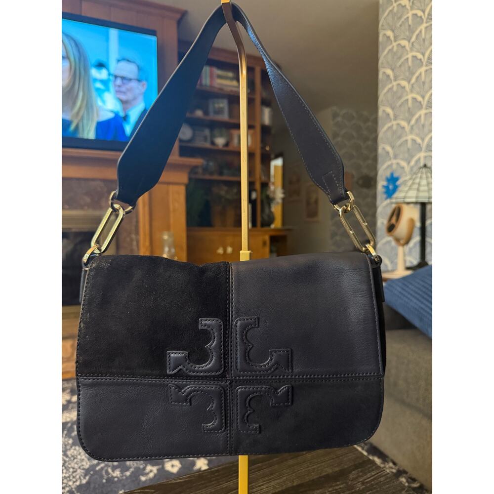 Tory Burch Natalee Navy Suede and Leather Color-Block Shoulder Bag